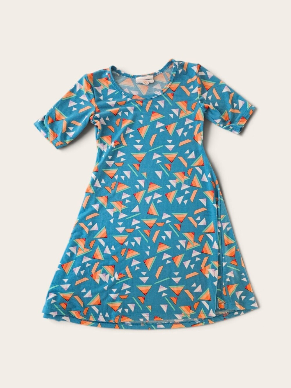 LuLaRoe Teal Geometric A-Line Dress with Orange Accents